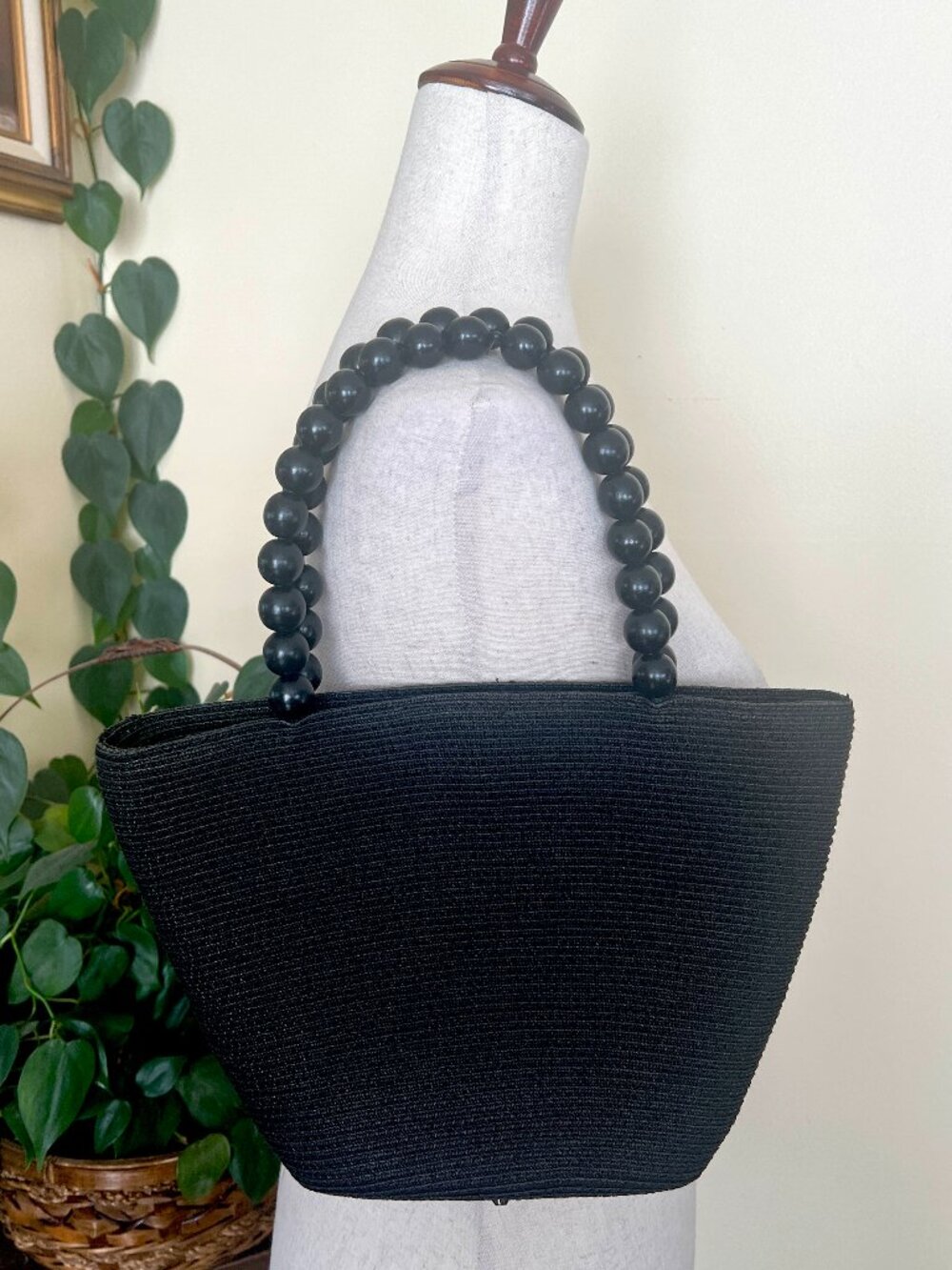 Talbots Black Woven Raffia Handbag Wood Bead Handle